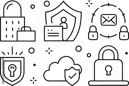 Cyber security and data protection icon set with locks and shields
