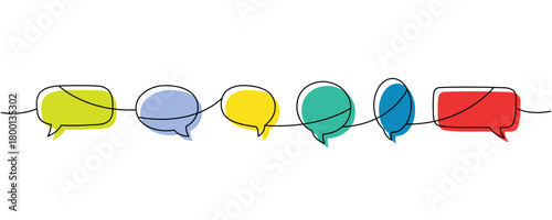 Continuous line art with six colorful speech bubbles. Modern outline design for dialogue themes