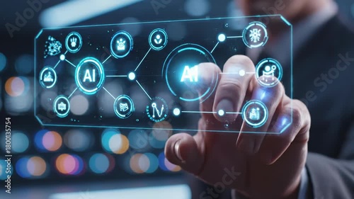 A human hand touches glowing AI-powered text on a floating translucent interface screen. Artificial Intelligence. The Future of Interaction. 4K Ai HD Video