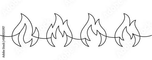 Continuous line of four flames. Minimal outline vector design for hazard, safety and modern decorative artwork