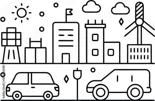 Eco-friendly cityscape with electric vehicles and renewable energy sources