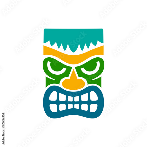 Colorful tribal tiki mask with crown and round eyes. Vector Polynesian style face illustration for cultural art, tropical decor and festival themes