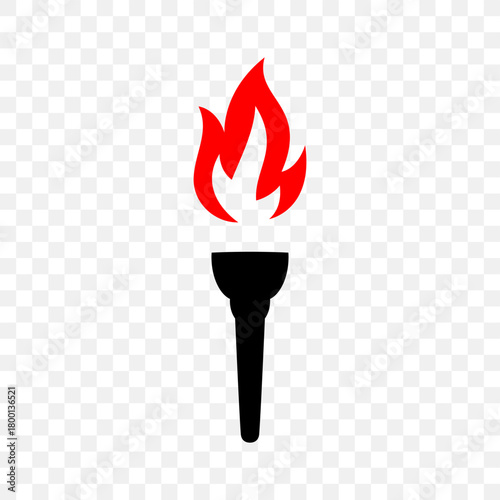 Single burning torch icon with red flame. Flat vector illustration of black silhouette torch for sports, ceremony, freedom and celebration design themes