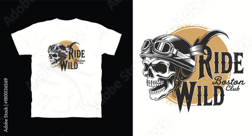 Ride wild boston club t shirt design vector illustration of skull with helmet and goggles in black and gold color on white backdrop