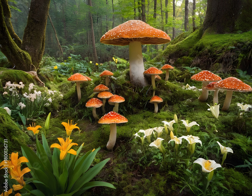 fantastic wonderland landscape with mushrooms, lilies flowers, japanese garden in autumn