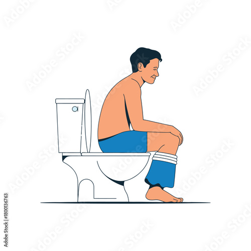 A person sits on a toilet with their pants down, experiencing discomfort or distress.