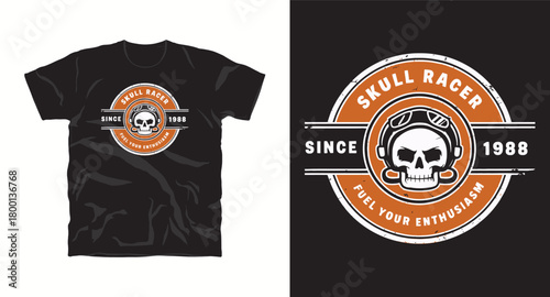 Skull racer vintage apparel design vector illustration Featuring skull in helmet Since 1988 Fuel your enthusiasm for t shirt prints and apparel