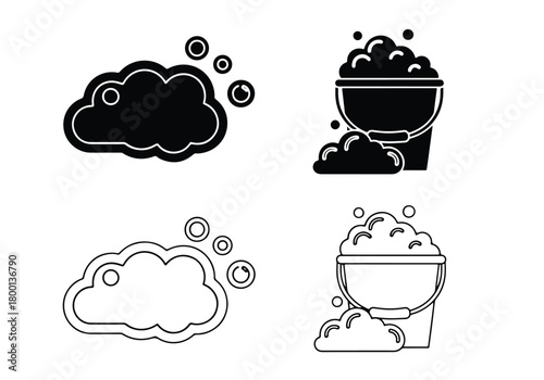 Four icons of bubbles and soap related to cleaning - Vector icon symbol for website - Icon vector - Blue icon vector - Line and glyph solid icon set