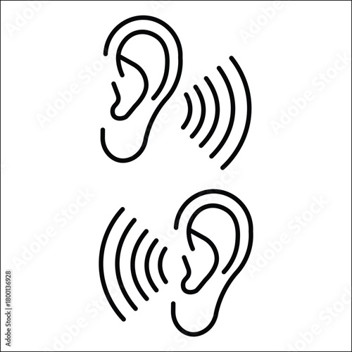 Ear with Sound Waves Icon Set – Hearing, Audio Signal Line Art Vector