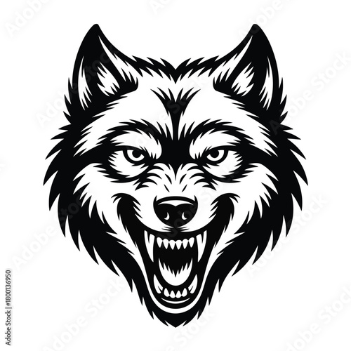 A black and white illustration of a snarling wolf's face with sharp teeth and piercing eyes.