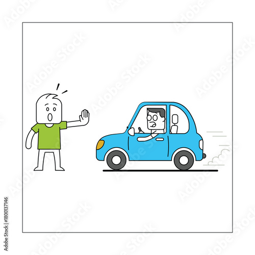 Car Braking for Pedestrian – Road Safety Awareness Cartoon Vector Illustration