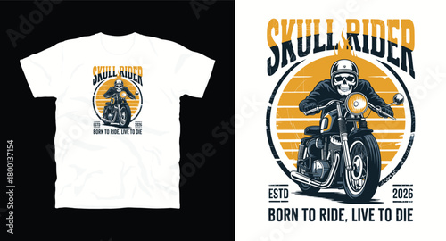 Skull rider vintage t shirt design vector illustration Featuring skeleton riding motorcycle born to ride live to die apparel prints graphic element