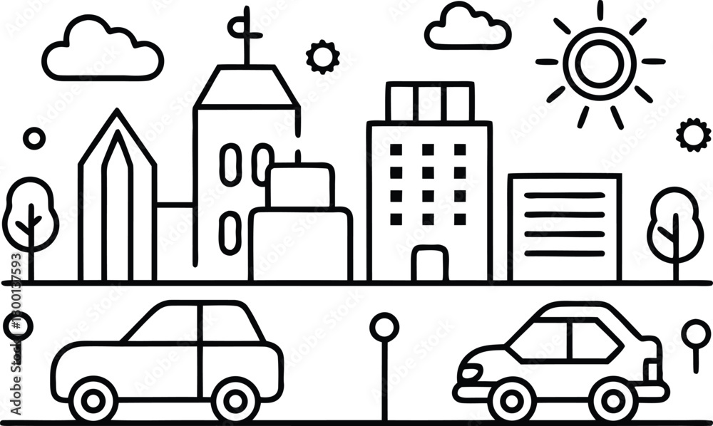 Fototapeta premium Cityscape icon with cars, buildings, sun, and clouds on white background