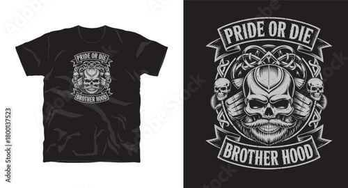 Pride or die brotherhood skull design vector apparel clothing gangster outlaw biker tattoo dead death mustache beard skull decorative graphic