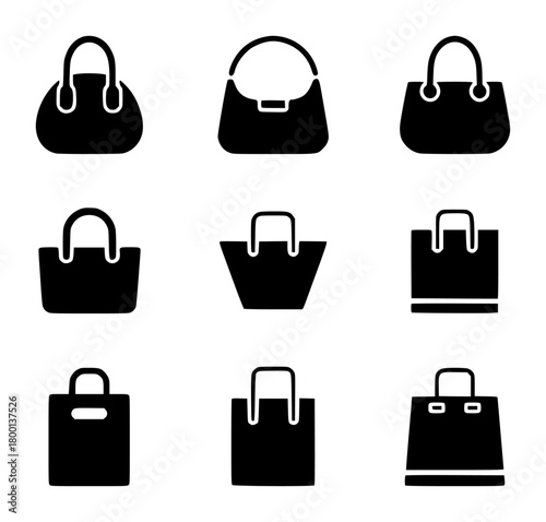 Collection of Black Silhouette Icons of Various Handbags and Shopping Bags