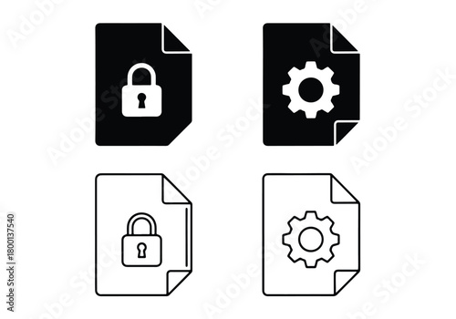 Security and settings document icons set lock and gear - Vector icon symbol for website - Icon vector - Blue icon vector - Line and glyph solid icon set