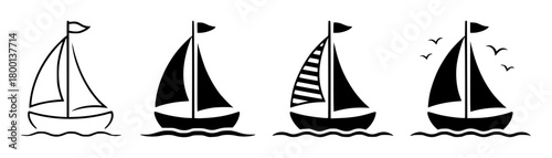 Collection of Four Stylized Sailboat Icons on Water
