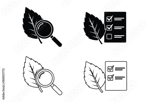 Leaf icons magnifying glass checklist nature science symbols - Vector icon symbol for website - Icon vector - Blue icon vector - Line and glyph solid icon set