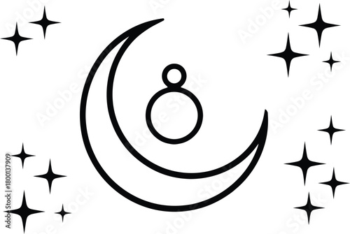 Crescent moon with celestial ring and sparkling stars in a simple line art style