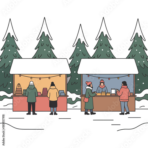 People shop at festive stalls during a snowy winter market.