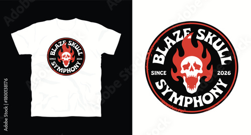 Blaze skull symphony vector design for t shirt graphic. Grunge stamp style artwork with skull and fire flames illustration and text since 2026