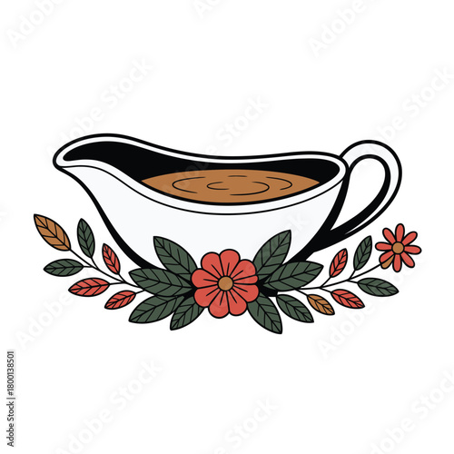 A gravy boat is surrounded by decorative leaves and flowers.