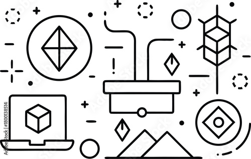 3d printing technology and digital design icons in line art style