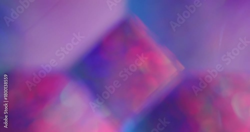 Blur prism light. Reflection ray. Gradient colorful sparks on square frame. Stream diamond lens neon blue purple pink abstract defocused background.