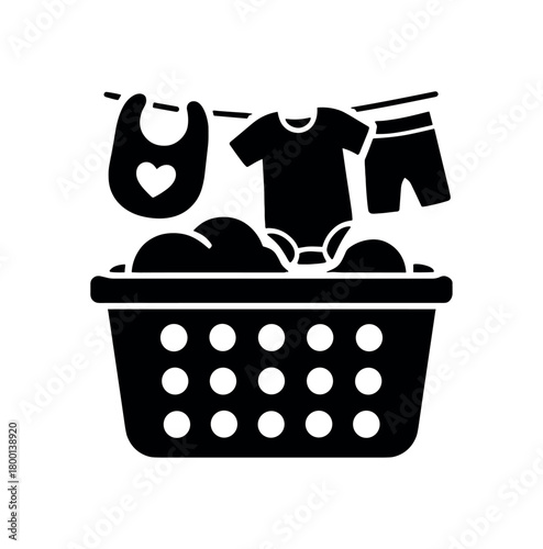 basket of freshly washed baby clothes flat black solid vector illustration isolated on white background