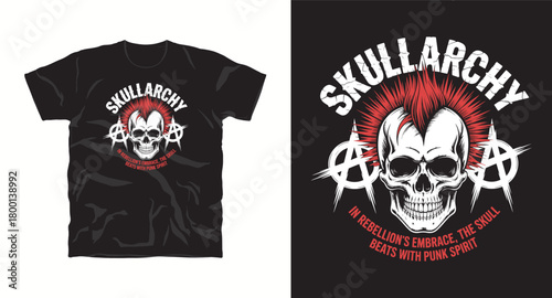 Skullarchy punk rock t shirt design with anarchy symbol for rebellious clothing and punk spirit expressing bold style