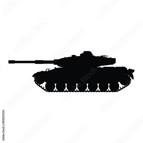 Silhouette of a military tank with its cannon extended on a white background.