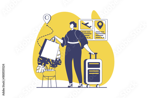 Travelling web concept with flat people for website design. Woman with suitcase going on vacation or business trip, flying in global travel by plane, airline transportations. Vector illustration.