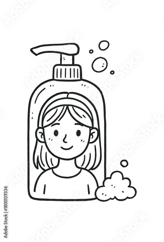 handdrawn cute doodle style teenage face cleansing foam bottle vector line illustration