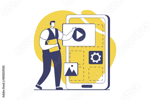 UI and UX designers web concept with flat people for website design. Man creating layout interface and menu for mobile application, building menu structure, doing template. Vector illustration.