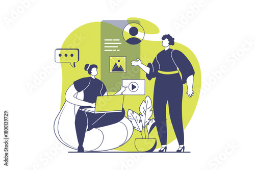 UI and UX designers web concept with flat people for website design. Women work in team, creating site interface, engineering mobile applications template, fixing prototypes. Vector illustration.