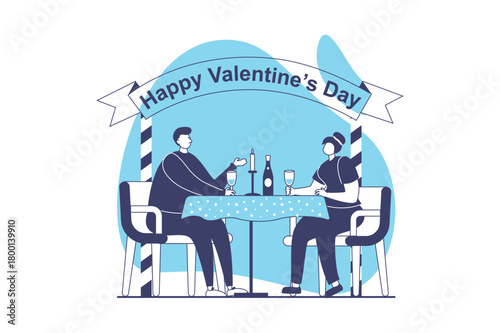 Valentine's Day web concept with flat people for website design. Girlfriend and boyfriend sitting at restaurant table, celebrating romantic holiday. Couple going on date together. Vector illustration.
