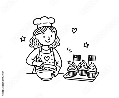 handdrawn cute doodle style woman baking patriotic cupcakes vector line illustration