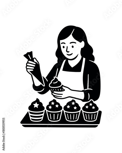 woman baking patriotic cupcakes flat black solid vector illustration isolated on white background