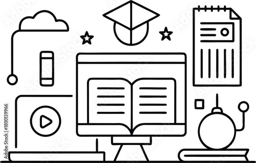 Online education and learning concept vector illustration with icons