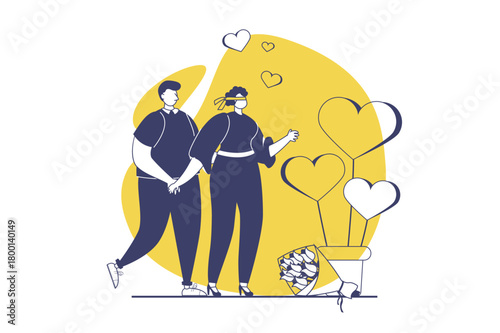 Valentine's Day web concept with flat people for website design. Couple going on blind surprise date together. Man giving romance gift to woman and celebrating romantic holiday. Vector illustration.