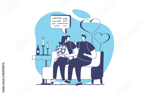 Valentine's Day web concept with flat people for website design. Man giving gifts and flowers to woman. Couple going on surprise date, sitting and hugging at sofa together. Vector illustration.