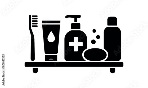 bathroom hygiene shelf with toiletries flat black solid vector illustration isolated on white background