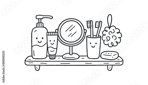 handdrawn cute doodle style bathroom hygiene shelf with toiletries vector line illustration