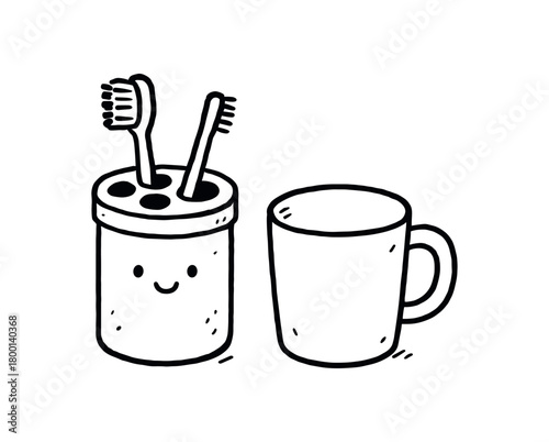 handdrawn cute doodle style clean toothbrush holder with cup vector line illustration