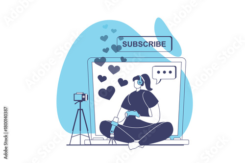Video streaming web concept with flat people for website design. Woman gaming and broadcasting online using camera and microphone, recording video with playing for followers. Vector illustration.