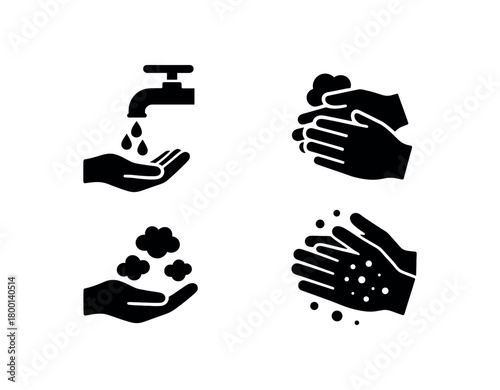 washing hands stepbystep icon set flat black solid vector illustration isolated on white background