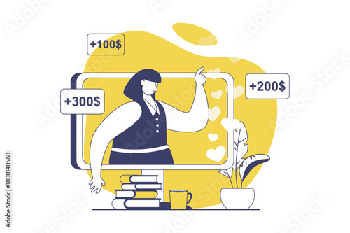Video streaming web concept with flat people for website design. Woman broadcasting online and communicating virtually, followers watching and sending donate money to streamer. Vector illustration.
