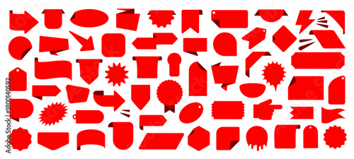 Red promo sticker set, sale or discount sticker, tag and price labels, starburst promotional badge shopping labels, coupon sale banners, adhesive offer stickers