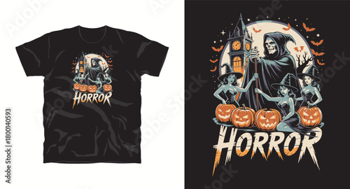 Grim reaper horror halloween t shirt design with witch women pumkins clock bats vector artwork clothing apparel 