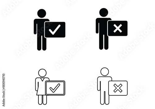 Person holding checkmark and cross signs symbols - Vector icon symbol for website - Icon vector - Blue icon vector - Line and glyph solid icon set
